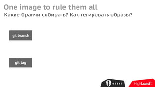 One image to rule them all
git branch
Какие бранчи собирать? Как тегировать образы?
git tag
 