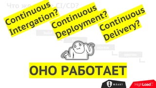 Что же такое CI/CD?
git
build
test
release
operate
Continuous
Intergation?
ОНО РАБОТАЕТ
Continuous
Deployment?
Continuous
Delivery?
 