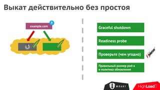 Выкат действительно без простоя
Graceful shutdownexample.com
Readiness probe
Проверьте (чем угодно)
Правильный размер pod-а
и политика обновления
 