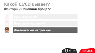 Какой CI/CD бывает?
Факторы / Основной процесс
Одно окружение
Несколько окружений
Динамические окружения
 