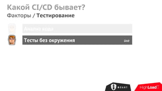 Какой CI/CD бывает?
Факторы / Тестирование
Анализ кода
Тесты без окружения Unit
 