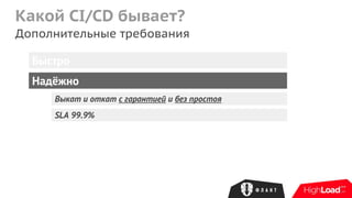 Какой CI/CD бывает?
Дополнительные требования
Быстро
Надёжно
Выкат и откат с гарантией и без простоя
SLA 99.9%
 