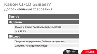 Какой CI/CD бывает?
Дополнительные требования
Быстро
Надёжно
Дёшево
Выкат и откат с гарантией и без простоя
SLA 99.9%
Затраты на управление / администрирование
Затраты на инфраструктуру
 