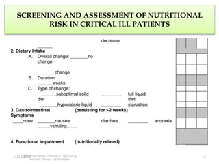 SCREENING AND ASSESSMENT OF NUTRITIONAL
RISK IN CRITICAL ILL PATIENTS
11/13/2017Workshop Update in Nutrition : Optimizing
Nutrition Therapy in Critical Care
12
 