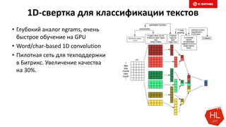 1D-свертка для классификации текстов
• Глубокий аналог ngrams, очень
быстрое обучение на GPU
• Word/char-based 1D convolution
• Пилотная сеть для техподдержки
в Битрикс. Увеличение качества
на 30%.
 