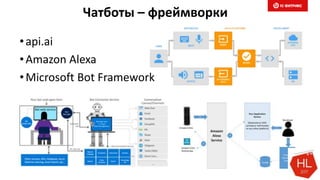 Чатботы – фреймворки
•api.ai
•Amazon Alexa
•Microsoft Bot Framework
 
