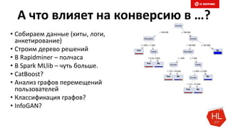 А что влияет на конверсию в …?
• Собираем данные (хиты, логи,
анкетирование)
• Строим дерево решений
• В Rapidminer – полчаса
• В Spark MLlib – чуть больше.
• CatBoost?
• Анализ графов перемещений
пользователей
• Классификация графов?
• InfoGAN?
 
