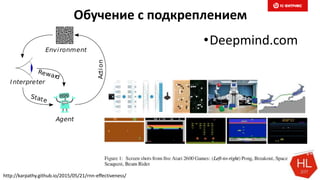Обучение с подкреплением
•Deepmind.com
http://karpathy.github.io/2015/05/21/rnn-effectiveness/
 