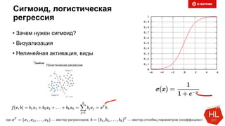 Сигмоид, логистическая
регрессия
• Зачем нужен сигмоид?
• Визуализация
• Нелинейная активация, виды
 