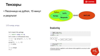 Тензоры
• Песочница на python, 15 минут
и результат
 