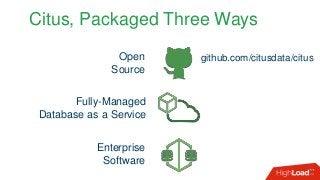 Citus, Packaged Three Ways
Open
Source
Enterprise
Software
Fully-Managed
Database as a Service
github.com/citusdata/citus
 