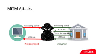 MiTM Attacks
Connecting, port 80
HTTP 302
Connecting, port 443
HTTP 200
Connecting, port 80
HTTP 200
EncryptedNot encrypted
 