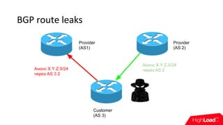 BGP route leaks
Provider
(AS 2)
Customer
(AS 3)
Анонс X.Y.Z.0/24
через AS 2Анонс X.Y.Z.0/24
через AS 3 2
Provider
(AS1)
 