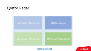 Qrator.Radar
BGP Secuirty Monitoring
radar.qrator.net
DNS Monitoring
BGP Security Monitoring
Vulnerability Monitoring
Conn...