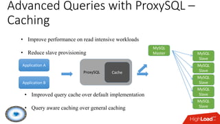 Advanced Queries with ProxySQL –
Caching
• Improve performance on read intensive workloads
• Reduce slave provisioning
App...