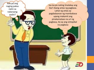 Ano po ang
naging paksa
natin sa
nakaraang
aralin?
Isa-isa po nating tinalakay ang
iba’t ibang antas ng pagbasa.
Lahat ng antas ay
pagdadaanan ng mambabasa
upang makamit ang
pinakamataas na uri ng
pagbasa, ito ay ang sintopikal
na pagbasa
 