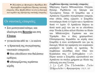 Οη λαπηηθέο εηαηξείεο
• ΢ην κεζνγεηαθό θόζκν, θαη
ηδηαίηεξα ζηε Βελεηία θαη ζηε
Γέλνπα,
• γεληθεύεηαη από ην 12ν αηώλα
• ε πξαθηηθή ηεο ζπγθξόηεζεο
λαπηηθώλ εηαηξεηώλ,
 πνπ επελδύνπλ ζην ζαιάζζην
εκπόξην,
 απνθνκίδνληαο ηεξάζηηα
θέξδε.
Σσμβόλαιο ίδρσζης νασηικής εηαιρείας
Μάξηπξεο: ΢ηκόλε Μπνπθνύηζην, Οηδέξην,
Πειόδν, Ρηκπάιλην ληη ΢άνπξν θαη
Σδελνάξηλν Σόζθα. Ο ΢ηακπίιε θαη ν
Αξζάιλην Σδεξαπόλ ζπγθξόηεζαλ εηαηξεία,
ζηελ νπνία, όπσο εμεγνύλ, ν ΢ηακπίιε
ζπλεηζέθεξε πνζό 88 ιηξώλ θαη ν Αξζάιλην
πνζό 44 ιηξώλ. Ο Αξζάιλην παίξλεη ην
πνζό απηό καδί ηνπ γηα λα ην επελδύζεη
ζηελ Σύληδα ή όπνπ αιινύ πιεύζεη ην πινίν
ηνπ Μπαιληηηδόλε Γθξάζζν θαη ηνπ
Σδηξάξδν, πνπ ν ίδηνο ρξεζηκνπνηεί.
Δπηζηξέθνληαο παξαδίδεη ηα θέξδε ζηνλ
΢ηακπίιε ή ζηνλ αληηπξόζσπό ηνπ γηα ηε
δηαλνκή. Μεηά ηελ αθαίξεζε ηνπ θεθαιαίνπ
κνηξάδνπλ ηα θέξδε εμ εκηζείαο. Σν
ζπκβόιαην θιείζζεθε ζηνλ Οίθν ηνπ
Κεθαιαίνπ ζηηο 29 ΢επηεκβξίνπ 1163.
Πέξαλ απηώλ ν ΢ηακπίιε εμνπζηνδνηεί ηνλ
Αξζάιλην λα ζηείιεη ρξήκαηα κε πινίν ηεο
επηινγήο ηνπ ζηε Γέλνπα.
J. Le Goff, Das Hochmittelalter, Fischer
Weltgeschichte11, Φξαγθθνύξηε 1965, 50
 Μειεηήζηε κε πξνζνρή ην παξάζεκα πνπ
πεξηιακβάλεη ζπκβόιαην Ίδξπζεο λαπηηθήο
εηαηξείαο. Πώο πξνβιεπόηαλ λα γίλεη ε δηαλνκή
ηωλ θεξδώλ ηεο ηδξπόκελεο λαπηηθήο εηαηξείαο;
 