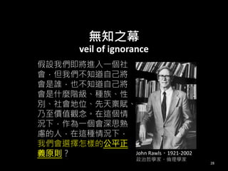 28
O҂Mһ
҂֪Լ
lҲ֪Լ
ʲNAN塢
eλAx
rֵ^@
r£һ˼
]ˣ@Nr£
҂xӵĹƽ
xԭt
o֪֮Ļ
veil of ignorance
John Rawls1921-2002
܌WҡW
 