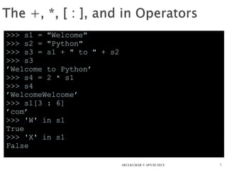 >>> s1 = "Welcome"
>>> s2 = "Python"
>>> s3 = s1 + " to " + s2
>>> s3
’Welcome to Python’
>>> s4 = 2 * s1
>>> s4
’WelcomeWelcome’
>>> s1[3 : 6]
’com’
>>> 'W' in s1
True
>>> 'X' in s1
False
7ARULKUMAR V AP/CSE SECE
 