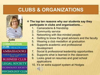CLUBS & ORGANIZATIONS
Judie
Fox
 The top ten reasons why our students say they
participate in clubs and organizations…
1. Camaraderie & friendship
2. Community service
3. Networking with like-minded people
4. Getting to know the great advisors and the faculty
5. Wearing a club medallion at graduation
6. Supports academic and professional
development
7. Social & professional leadership opportunities
8. Supports what is learned in the classroom
9. Looks great on resumes and grad school
applications
10. It’s an extra support system at Hodges
COMMUNICATION
CLUB
 