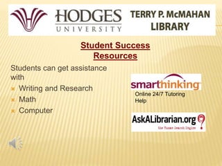 Students can get assistance
with
 Writing and Research
 Math
 Computer
Student Success
Resources
Online 24/7 Tutoring
Help
 