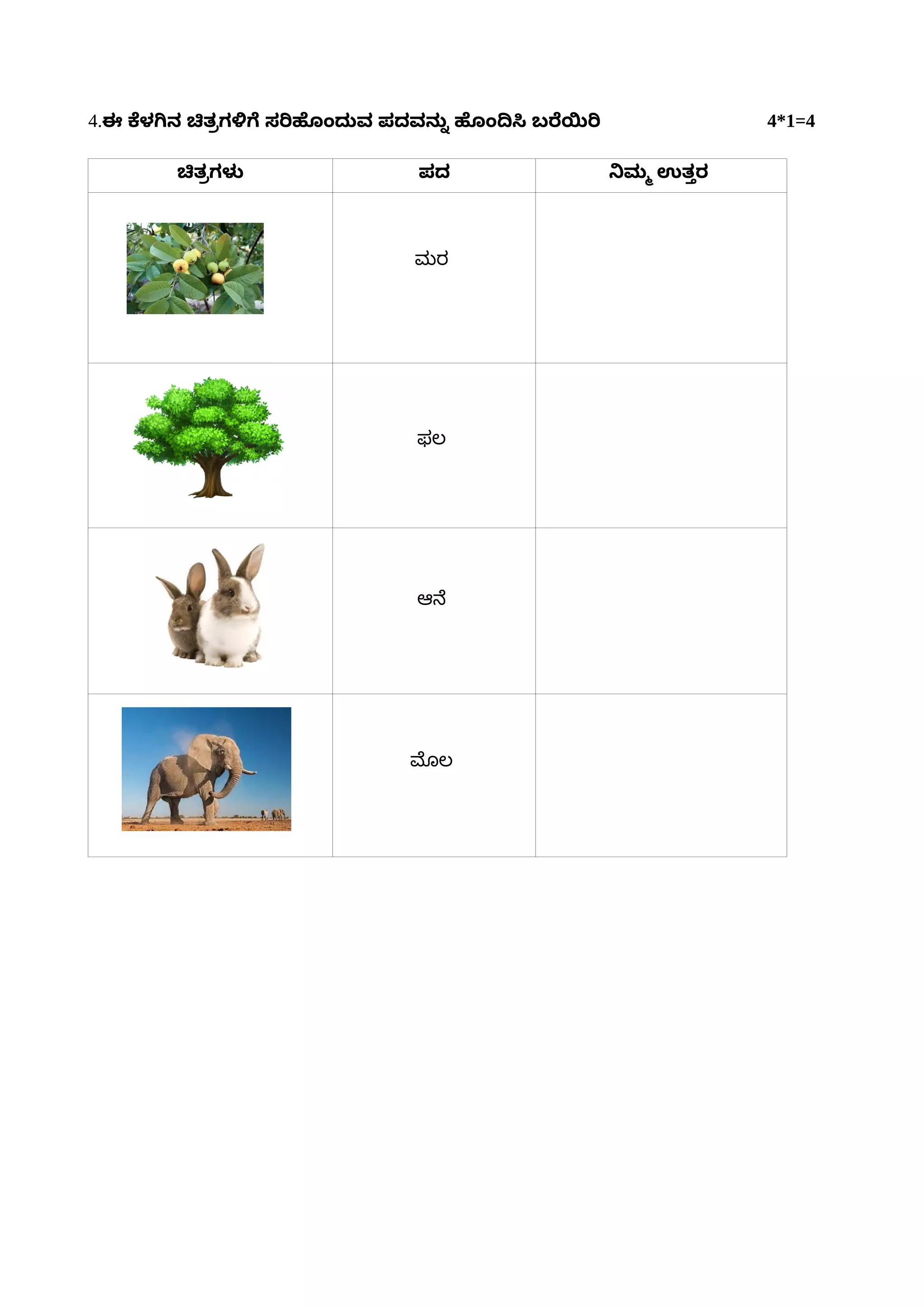 4.ಈ ಕೆಳಗಿನ ಚಿತಪ್ರೌಗಳಿಗೆ ಸರಿಹರೂಟ್ಯಾಂರರವ ಪರವನರನ್ನು ಹರೂಟ್ಯಾಂದಿಸಿ ಬರೆಯಿರಿ 4*1=4
ಚಿತಪ್ರೌಗಳಳ ಪರ ನಿಮತ್ಮ ಉತತ್ತರ
ಮರ
ಫಲ
ಆನೆ
ಮೊಲ
 