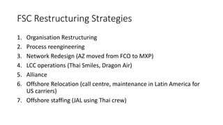 FSC Restructuring Strategies
1. Organisation Restructuring
2. Process reengineering
3. Network Redesign (AZ moved from FCO to MXP)
4. LCC operations (Thai Smiles, Dragon Air)
5. Alliance
6. Offshore Relocation (call centre, maintenance in Latin America for
US carriers)
7. Offshore staffing (JAL using Thai crew)
 
