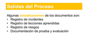 Salidas del Proceso
Algunas actualizaciones de los documentos son:
• Registro de incidentes
• Registro de lecciones aprendidas
• Registro de riesgos
• Documentación de prueba y evaluación
 