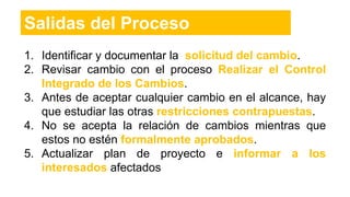 1. Identificar y documentar la solicitud del cambio.
2. Revisar cambio con el proceso Realizar el Control
Integrado de los Cambios.
3. Antes de aceptar cualquier cambio en el alcance, hay
que estudiar las otras restricciones contrapuestas.
4. No se acepta la relación de cambios mientras que
estos no estén formalmente aprobados.
5. Actualizar plan de proyecto e informar a los
interesados afectados
Salidas del Proceso
 