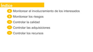 Monitorear el involucramiento de los interesados
Monitorear los riesgos
Controlar la calidad
Controlar las adquisiciones
Controlar los recursos
Índice
8
9
10
11
12
 