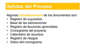 Algunas actualizaciones de los documentos son:
• Registro de supuestos
• Base de las estimaciones
• Registro de lecciones aprendidas
• Cronograma del proyecto
• Calendario de recursos
• Registro de riesgos
• Datos del cronograma
Salidas del Proceso
 