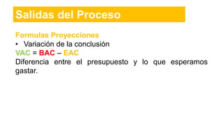 Formulas Proyecciones
• Variación de la conclusión
VAC = BAC – EAC
Diferencia entre el presupuesto y lo que esperamos
gastar.
Salidas del Proceso
 
