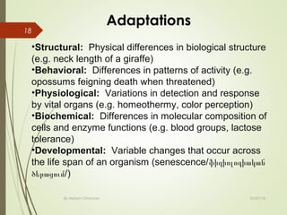 02/07/18By Mariam Ohanyan
18
Adaptations
•Structural: Physical differences in biological structure
(e.g. neck length of a giraffe)
•Behavioral: Differences in patterns of activity (e.g.
opossums feigning death when threatened)
•Physiological: Variations in detection and response
by vital organs (e.g. homeothermy, color perception)
•Biochemical: Differences in molecular composition of
cells and enzyme functions (e.g. blood groups, lactose
tolerance)
•Developmental: Variable changes that occur across
the life span of an organism (senescence/ֆիզիոլոգիական
/)ծերացում
 