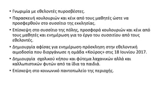 • Γνωριμία με εθελοντές πυροσβέστες.
• Παρασκευή κουλουριών και κέικ από τους μαθητές ώστε να
προσφερθούν στο συσσίτιο της εκκλησίας.
• Επίσκεψη στο συσσίτιο της πόλης, προσφορά κουλουριών και κέικ από
τους μαθητές και ενημέρωση για το έργο του συσσιτίου από τους
εθελοντές.
• Δημιουργία αφίσας για ενημέρωση-πρόσκληση στην εθελοντική
αιμοδοσία που διοργάνωσε η ομάδα «Κούρος» στις 18 Ιουνίου 2017.
• Δημιουργία σχολικού κήπου και φύτεμα λαχανικών αλλά και
καλλωπιστικών φυτών από τα ίδια τα παιδιά.
• Επίσκεψη στο κοινωνικό παντοπωλείο της περιοχής.
 