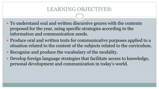 LEARNING OBJECTIVES:
 To understand oral and written discursive genres with the contents
proposed for the year, using specific strategies according to the
information and communication needs.
 Produce oral and written texts for communicative purposes applied to a
situation related to the content of the subjects related to the curriculum.
 Recognize and produce the vocabulary of the modality.
 Develop foreign language strategies that facilitate access to knowledge,
personal development and communication in today's world.
 