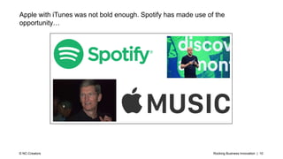 Rocking Business Innovation | 10© NC-Creators
Apple with iTunes was not bold enough. Spotify has made use of the
opportunity…
 