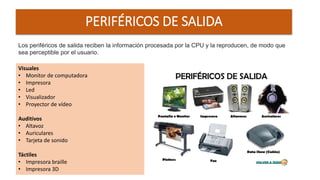 PERIFÉRICOS DE SALIDA
Los periféricos de salida reciben la información procesada por la CPU y la reproducen, de modo que
sea perceptible por el usuario.
Visuales
• Monitor de computadora
• Impresora
• Led
• Visualizador
• Proyector de vídeo
Auditivos
• Altavoz
• Auriculares
• Tarjeta de sonido
Táctiles
• Impresora braille
• Impresora 3D
 