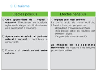3. El turisme
Efectes positius Efectes negatius
1) Crea oportunitats de negoci i
ocupació. Directament en hoteleria,
agències de viatges, etc. i indirectament
en la construcció o el comerç.
2) Aporta valor econòmic al patrimoni
natural i cultural, i contribueix a
conservar-lo.
3) Fomenta el coneixement entre
cultures.
1) Impacte en el medi ambient.
La construcció de molts ediﬁcis,
infraestructures, etc. pot provocar:
-degradació d’ecosistemes fràgils
-més pressió sobre els recursos, per
exemple, l’aigua.
-l’augment de la contaminació-
2 ) I m p a c t e e n l a s s o c i e t a t s
tradicionals: els costums i les llengues
poden desaparèixer.
 