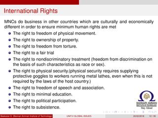 International Rights
MNCs do business in other countries which are culturally and economically
different in order to ensure minimum human rights are met
The right to freedom of physical movement.
The right to ownership of property.
The right to freedom from torture.
The right to a fair trial
The right to nondiscriminatory treatment (freedom from discrimination on
the basis of such characteristics as race or sex).
The right to physical security.(physical security requires supplying
protective goggles to workers running metal lathes, even when this is not
required by the laws of the host country.)
The right to freedom of speech and association.
The right to minimal education.
The right to political participation.
The right to subsistence.
Baskaran S (Bannari Amman Institute of Technology) UNIT-V GLOBAL ISSUES 20/02/2018 12 / 35
 