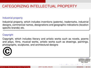 CATEGORIZING INTELLECTUAL PROPERTY
Industrial property
Industrial property, which includes inventions (patents), trademarks, industrial
designs, commercial names, designations and geographic indications (location
speciﬁc brands) etc.
Copyright
Copyright, which includes literary and artistic works such as novels, poems
and plays, ﬁlms, musical works, artistic works such as drawings, paintings,
photographs, sculptures, and architectural designs
Baskaran S (Bannari Amman Institute of Technology) UNIT-V GLOBAL ISSUES 20/02/2018 26 / 35
 
