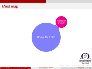 Mind map
Computer Ehics
Intellectual
property
Industrial
property
Copy Right
Ethical rules
for computer
users
Baskaran S (Bannari Amman Institute of Technology) UNIT-V GLOBAL ISSUES 20/02/2018 29 / 35
 