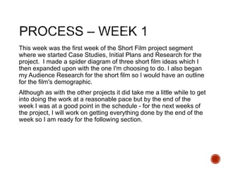 This week was the first week of the Short Film project segment
where we started Case Studies, Initial Plans and Research for the
project. I made a spider diagram of three short film ideas which I
then expanded upon with the one I'm choosing to do. I also began
my Audience Research for the short film so I would have an outline
for the film's demographic.
Although as with the other projects it did take me a little while to get
into doing the work at a reasonable pace but by the end of the
week I was at a good point in the schedule - for the next weeks of
the project, I will work on getting everything done by the end of the
week so I am ready for the following section.
 