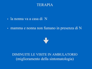 TERAPIA
• la nonna va a casa di N
• mamma e nonna non fumano in presenza di N
DIMINUITE LE VISITE IN AMBULATORIO
(miglioramento della sintomatologia)
 