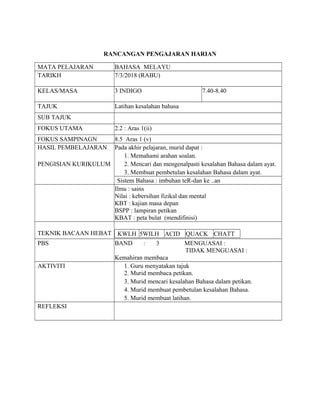 RANCANGAN PENGAJARAN HARIAN
MATA PELAJARAN BAHASA MELAYU
TARIKH 7/3/2018 (RABU)
KELAS/MASA 3 INDIGO 7.40-8.40
TAJUK Latihan kesalahan bahasa
SUB TAJUK
FOKUS UTAMA 2.2 : Aras 1(ii)
FOKUS SAMPINAGN 8.5 Aras 1 (v)
HASIL PEMBELAJARAN
PENGISIAN KURIKULUM
Pada akhir pelajaran, murid dapat :
1. Memahami arahan soalan.
2. Mencari dan mengenalpasti kesalahan Bahasa dalam ayat.
3. Membuat pembetulan kesalahan Bahasa dalam ayat.
Sistem Bahasa : imbuhan teR-dan ke ..an
Ilmu : sains
Nilai : kebersihan fizikal dan mental
KBT : kajian masa depan
BSPP : lampiran petikan
KBAT : peta bulat (mendifinisi)
TEKNIK BACAAN HEBAT KWLH 5WILH ACID QUACK CHATT
PBS BAND : 3 MENGUASAI :
TIDAK MENGUASAI :
Kemahiran membaca
AKTIVITI 1. Guru menyatakan tajuk
2. Murid membaca petikan.
3. Murid mencari kesalahan Bahasa dalam petikan.
4. Murid membuat pembetulan kesalahan Bahasa.
5. Murid membuat latihan.
REFLEKSI
 
