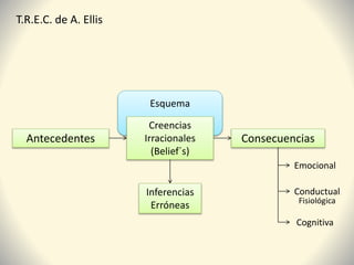 T.R.E.C. de A. Ellis
Antecedentes Consecuencias
Inferencias
Erróneas
Emocional
Conductual
Cognitiva
Fisiológica
Esquema
Creencias
Irracionales
(Belief´s)
 