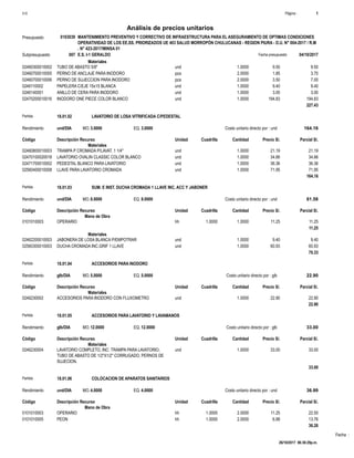 Fecha :
Materiales
und02460300010002 1.0000 9.509.50TUBO DE ABASTO 5/8"
pza02460700010005 2.0000 3.701.85PERNO DE ANCLAJE PARA INODORO
pza02460700010006 2.0000 7.003.50PERNO DE SUJECCION PARA INODORO
und0246110002 1.0000 9.409.40PAPELERA C/EJE 15x15 BLANCA
und0246140001 1.0000 3.003.00ANILLO DE CERA PARA INODORO
und02470200010016 1.0000 194.83194.83INODORO ONE PIECE COLOR BLANCO
227.43
Partida 18.01.02 LAVATORIO DE LOSA VITRIFICADA C/PEDESTAL
und/DIA 3.0000Rendimiento Costo unitario directo por : und 164.163.0000EQ.MO.
Unidad Cuadrilla Cantidad Precio S/.Código Descripción Recurso Parcial S/.
Materiales
und02460800010003 1.0000 21.1921.19TRAMPA P CROMADA P/LAVAT. 1 1/4"
und02470100020018 1.0000 34.6634.66LAVATORIO OVALIN CLASSIC COLOR BLANCO
und02471700010002 1.0000 36.3636.36PEDESTAL BLANCO PARA LAVATORIO
und02560400010008 1.0000 71.9571.95LLAVE PARA LAVATORIO CROMADA
164.16
Partida 18.01.03 SUM. E INST. DUCHA CROMADA 1 LLAVE INC. ACC Y JABONER
und/DIA 8.0000Rendimiento Costo unitario directo por : und 81.588.0000EQ.MO.
Unidad Cuadrilla Cantidad Precio S/.Código Descripción Recurso Parcial S/.
Mano de Obra
hh0101010003 1.0000 1.0000 11.2511.25OPERARIO
11.25
Materiales
und02462200010003 1.0000 9.409.40JABONERA DE LOSA BLANCA P/EMPOTRAR
und02560300010003 1.0000 60.9360.93DUCHA CROMADA INC.GRIF 1 LLAVE
70.33
Partida 18.01.04 ACCESORIOS PARA INODORO
glb/DIA 5.0000Rendimiento Costo unitario directo por : glb 22.905.0000EQ.MO.
Unidad Cuadrilla Cantidad Precio S/.Código Descripción Recurso Parcial S/.
Materiales
und0246230002 1.0000 22.9022.90ACCESORIOS PARA INODORO CON FLUXOMETRO
22.90
Partida 18.01.05 ACCESORIOS PARA LAVATORIO Y LAVAMANOS
glb/DIA 12.0000Rendimiento Costo unitario directo por : glb 33.0012.0000EQ.MO.
Unidad Cuadrilla Cantidad Precio S/.Código Descripción Recurso Parcial S/.
Materiales
und0246230004 1.0000 33.0033.00LAVATORIO COMPLETO, INC: TRAMPA PARA LAVATORIO,
TUBO DE ABASTO DE 1/2"X1/2" CORRUGADO, PERNOS DE
SUJECION.
33.00
Partida 18.01.06 COLOCACION DE APARATOS SANITARIOS
und/DIA 4.0000Rendimiento Costo unitario directo por : und 36.994.0000EQ.MO.
Unidad Cuadrilla Cantidad Precio S/.Código Descripción Recurso Parcial S/.
Mano de Obra
hh0101010003 1.0000 2.0000 22.5011.25OPERARIO
hh0101010005 1.0000 2.0000 13.766.88PEON
36.26
Página :S10 1
0103039Presupuesto MANTENIMIENTO PREVENTIVO Y CORRECTIVO DE INFRAESTRUCTURA PARA EL ASEGURAMIENTO DE OPTIMAS CONDICIONES
DEOPERATIVIDAD DE LOS EE.SS. PRIORIZADOS UE 403 SALUD MORROPÓN CHULUCANAS - REGION PIURA - D.U. N° 004-2017 / R.M
. N° 423-2017/MINSA 01
Análisis de precios unitarios
Fecha presupuesto 04/10/2017007Subpresupuesto E.S. I-1 GERALDO
26/10/2017 06:36:29p.m.
 