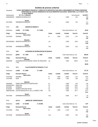 Fecha :
und02460200020001 1.0000 5.855.85SUMIDERO DE BRONCE DE 2"
5.85
Equipos
%mo0301010006 3.0000 0.144.50HERRAMIENTAS MANUALES
0.14
Partida 19.08 REGISTRO DE BRONCE 4"
und/DIA 15.0000Rendimiento Costo unitario directo por : und 40.8415.0000EQ.MO.
Unidad Cuadrilla Cantidad Precio S/.Código Descripción Recurso Parcial S/.
Mano de Obra
hh0101010003 1.0000 0.5333 6.0011.25OPERARIO
6.00
Materiales
und02461200030003 1.0000 34.6634.66REGISTRO DE BRONCE DE 4"
34.66
Equipos
%mo0301010006 3.0000 0.186.00HERRAMIENTAS MANUALES
0.18
Partida 19.09 ACCESORIOS DE DISTRIBUCION RED DE DESAGUE
glb/DIA 1.0000Rendimiento Costo unitario directo por : glb 280.001.0000EQ.MO.
Unidad Cuadrilla Cantidad Precio S/.Código Descripción Recurso Parcial S/.
Materiales
und0246230006 1.0000 280.00280.00ACCESORIOS RED DE DESAGUE, CODOS, TEE, REDUCCION
Y YEE
280.00
Partida 19.10 CAJA DE REGISTRO DE DESAGUE 12" X 24"
und/DIA 3.0000Rendimiento Costo unitario directo por : und 121.763.0000EQ.MO.
Unidad Cuadrilla Cantidad Precio S/.Código Descripción Recurso Parcial S/.
Mano de Obra
hh0101010003 1.0000 2.6667 30.0011.25OPERARIO
hh0101010005 0.5000 1.3333 9.176.88PEON
39.17
Materiales
kg0204030005 1.0000 2.802.80FIERRO CORRUGADO DE CONSTRUCCION
m302070200010001 0.0300 1.3545.00ARENA FINA
m30207030001 0.0200 1.2060.00HORMIGON
bol0213010001 0.5000 10.8921.78CEMENTO PORTLAND TIPO MS
und02682700010006 1.0000 65.1765.17CAJA DE DESAGUE DE 60 x 30 cm. inc MARCO Y TAPA
81.41
Equipos
%mo0301010006 3.0000 1.1839.17HERRAMIENTAS MANUALES
1.18
Partida 20.01.01 LIMPIEZA DEL TERRENO MANUAL
m2/DIA 60.0000Rendimiento Costo unitario directo por : m2 0.9760.0000EQ.MO.
Unidad Cuadrilla Cantidad Precio S/.Código Descripción Recurso Parcial S/.
Mano de Obra
hh0101010005 1.0000 0.1333 0.926.88PEON
0.92
Equipos
%mo0301010006 5.0000 0.050.92HERRAMIENTAS MANUALES
0.05
Página :S10 1
0103039Presupuesto MANTENIMIENTO PREVENTIVO Y CORRECTIVO DE INFRAESTRUCTURA PARA EL ASEGURAMIENTO DE OPTIMAS CONDICIONES
DEOPERATIVIDAD DE LOS EE.SS. PRIORIZADOS UE 403 SALUD MORROPÓN CHULUCANAS - REGION PIURA - D.U. N° 004-2017 / R.M
. N° 423-2017/MINSA 01
Análisis de precios unitarios
Fecha presupuesto 04/10/2017007Subpresupuesto E.S. I-1 GERALDO
26/10/2017 06:36:29p.m.
 