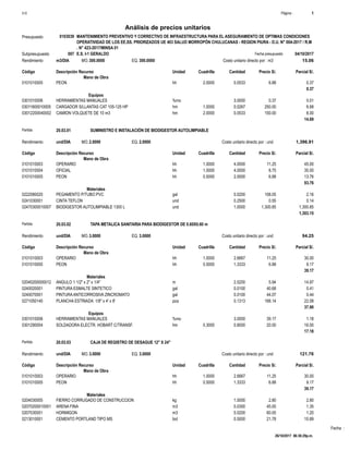 Fecha :
m3/DIA 300.0000Rendimiento Costo unitario directo por : m3 15.06300.0000EQ.MO.
Unidad Cuadrilla Cantidad Precio S/.Código Descripción Recurso Parcial S/.
Mano de Obra
hh0101010005 2.0000 0.0533 0.376.88PEON
0.37
Equipos
%mo0301010006 3.0000 0.010.37HERRAMIENTAS MANUALES
hm03011600010005 1.0000 0.0267 6.68250.00CARGADOR S/LLANTAS CAT 105-125 HP
hm03012200040002 2.0000 0.0533 8.00150.00CAMION VOLQUETE DE 10 m3
14.69
Partida 20.03.01 SUMINISTRO E INSTALACIÓN DE BIODIGESTOR AUTOLIMPIABLE
und/DIA 2.0000Rendimiento Costo unitario directo por : und 1,396.912.0000EQ.MO.
Unidad Cuadrilla Cantidad Precio S/.Código Descripción Recurso Parcial S/.
Mano de Obra
hh0101010003 1.0000 4.0000 45.0011.25OPERARIO
hh0101010004 1.0000 4.0000 35.008.75OFICIAL
hh0101010005 0.5000 2.0000 13.766.88PEON
93.76
Materiales
gal0222080020 0.0200 2.16108.05PEGAMENTO P/TUBO PVC
und0241030001 0.2500 0.140.55CINTA TEFLON
und02470300010007 1.0000 1,300.851,300.85BIODIGESTOR AUTOLIMPIABLE 1300 L
1,303.15
Partida 20.03.02 TAPA METALICA SANITARIA PARA BIODIGESTOR DE 0.60X0.60 m
und/DIA 3.0000Rendimiento Costo unitario directo por : und 94.253.0000EQ.MO.
Unidad Cuadrilla Cantidad Precio S/.Código Descripción Recurso Parcial S/.
Mano de Obra
hh0101010003 1.0000 2.6667 30.0011.25OPERARIO
hh0101010005 0.5000 1.3333 9.176.88PEON
39.17
Materiales
m02040200000012 2.5200 14.975.94ANGULO 1 1/2" x 2" x 1/4"
gal0240020001 0.0100 0.4140.68PINTURA ESMALTE SINTETICO
gal0240070001 0.0100 0.4444.07PINTURAANTICORROSIVA ZINCROMATO
pza0271050140 0.1313 22.08168.14PLANCHA ESTRIADA 1/8" x 4' x 8'
37.90
Equipos
%mo0301010006 3.0000 1.1839.17HERRAMIENTAS MANUALES
hm0301290004 0.3000 0.8000 16.0020.00SOLDADORA ELECTR. HOBART C/TRANSF.
17.18
Partida 20.03.03 CAJA DE REGISTRO DE DESAGUE 12" X 24"
und/DIA 3.0000Rendimiento Costo unitario directo por : und 121.763.0000EQ.MO.
Unidad Cuadrilla Cantidad Precio S/.Código Descripción Recurso Parcial S/.
Mano de Obra
hh0101010003 1.0000 2.6667 30.0011.25OPERARIO
hh0101010005 0.5000 1.3333 9.176.88PEON
39.17
Materiales
kg0204030005 1.0000 2.802.80FIERRO CORRUGADO DE CONSTRUCCION
m302070200010001 0.0300 1.3545.00ARENA FINA
m30207030001 0.0200 1.2060.00HORMIGON
bol0213010001 0.5000 10.8921.78CEMENTO PORTLAND TIPO MS
Página :S10 1
0103039Presupuesto MANTENIMIENTO PREVENTIVO Y CORRECTIVO DE INFRAESTRUCTURA PARA EL ASEGURAMIENTO DE OPTIMAS CONDICIONES
DEOPERATIVIDAD DE LOS EE.SS. PRIORIZADOS UE 403 SALUD MORROPÓN CHULUCANAS - REGION PIURA - D.U. N° 004-2017 / R.M
. N° 423-2017/MINSA 01
Análisis de precios unitarios
Fecha presupuesto 04/10/2017007Subpresupuesto E.S. I-1 GERALDO
26/10/2017 06:36:29p.m.
 