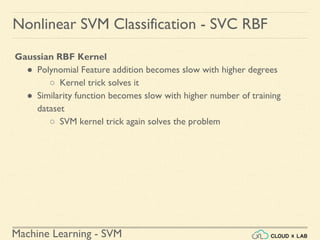 Machine Learning - SVM
Nonlinear SVM Classification - SVC RBF
Gaussian RBF Kernel
● Polynomial Feature addition becomes slow with higher degrees
○ Kernel trick solves it
● Similarity function becomes slow with higher number of training
dataset
○ SVM kernel trick again solves the problem
 