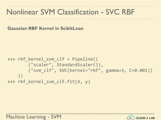 Machine Learning - SVM
Nonlinear SVM Classification - SVC RBF
Gaussian RBF Kernel in ScikitLean
>>> rbf_kernel_svm_clf = Pipeline((
("scaler", StandardScaler()),
("svm_clf", SVC(kernel="rbf", gamma=5, C=0.001))
))
>>> rbf_kernel_svm_clf.fit(X, y)
 